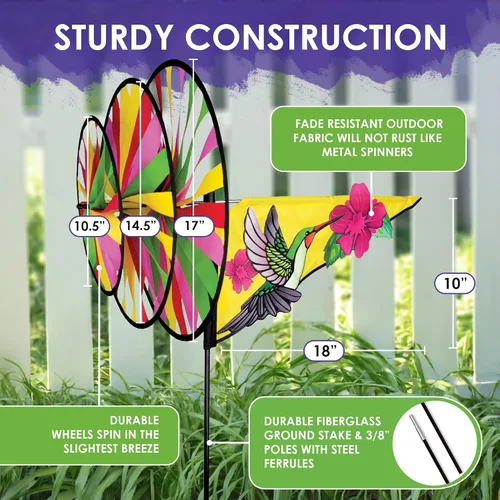 Vista 3 de Premier Kites Colibrí triple giratorio – Llamativo giratorio de jardín con ruedas triples coloridas, tela duradera resistente a la intemperie, fácil