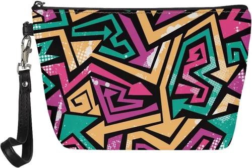 Vista 20 de Howilath Abstract Art Cat Cosmetic Pouch for Women PU Leather Toiletry Storage Bag Trapezoid Makeup Bags with Wrist Strap