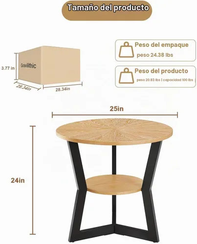 Vista 2 de Mesa auxiliar, mesa auxiliar redonda de madera para sala de estar con mesa de 2 niveles con estante de almacenamiento, diseño de soporte triangular