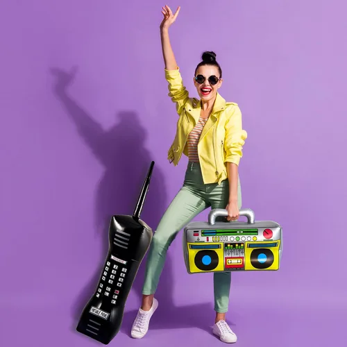 Vista 5 de Paquete de 26 micrófonos inflables de radio Boombox para teléfono móvil y globos de cadena de lámina dorada para adultos de los años 80 y 90