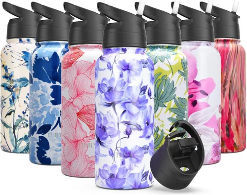 Vista 6 de THILY - Botella de agua deportiva aislada al vacío – Botella de agua de acero inoxidable de 32 onzas a prueba de fugas de boca ancha con tapa Mar