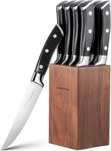 Vista 8 de OAKSWARE - Juego de 4 cuchillos para carne, no dentados, con mango ergonómico forjado de espiga completa, acero inoxidable alemán de alto carbono