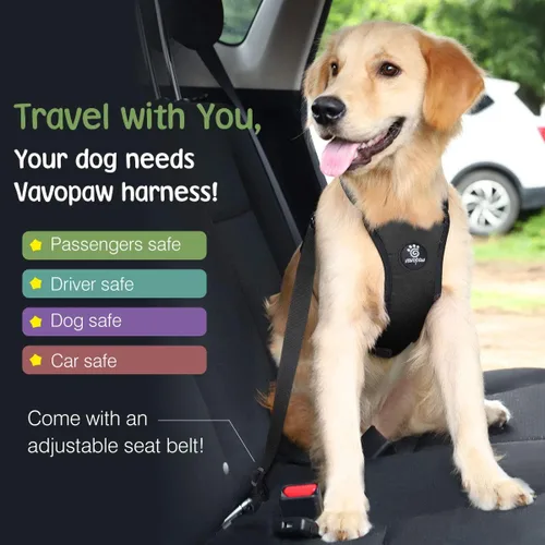 Vista 2 de VavoPaw Cinturón de seguridad para perro, chaleco de seguridad para coche con hebilla ajustable Cinturón de seguridad para perro para vehículo Negro