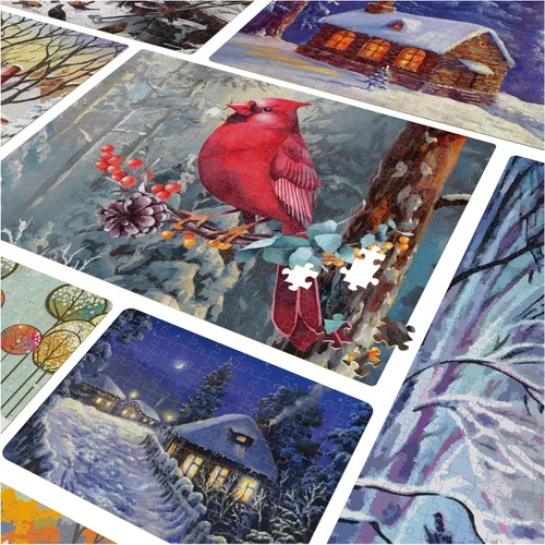 Vista 3 de Paquete de rompecabezas de 24 piezas, paisaje de ilustración de nieve de invierno navideño, 1000, 500, 300, 100, 48, 24 piezas, para niños y adultos