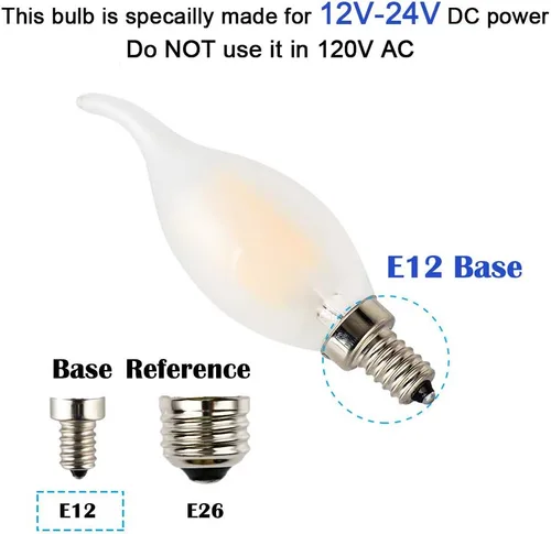 Vista 2 de Bombilla LED de bajo voltaje de 12 voltios, CA/CC 12 V, 6 W 600 Lm, regulable, luz blanca cálida, base pequeña E12, punta de llama de vidrio