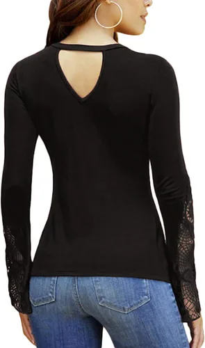 Vista 3 de YOINS Camisetas sexys de manga larga para mujer, camisas adelgazantes con ribete de encaje, blusas transparentes, camisetas lisas con corte túnica