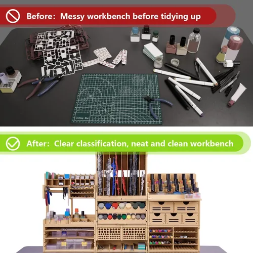 Vista 5 de GK1 - Kit organizador de madera con material MDF, estante de pintura, destornillador/soporte para brochas, para pinturas y herramientas Tamiya, GK1