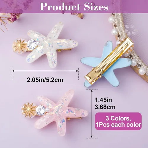 Vista 2 de PAGOW 3 pinzas para el cabello con estrella de mar, pinzas para el cabello de cristal, soporte para cola de caballo de estrella de mar, accesorios