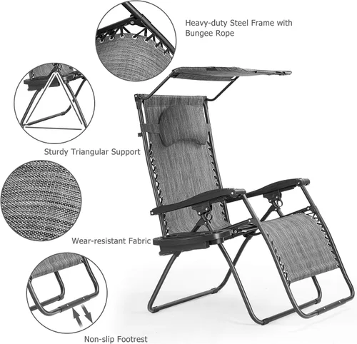 Vista 8 de HAPPYGRILL Zero Gravity - Sillón reclinable plegable para patio al aire libre, playa, patio, piscina, gris