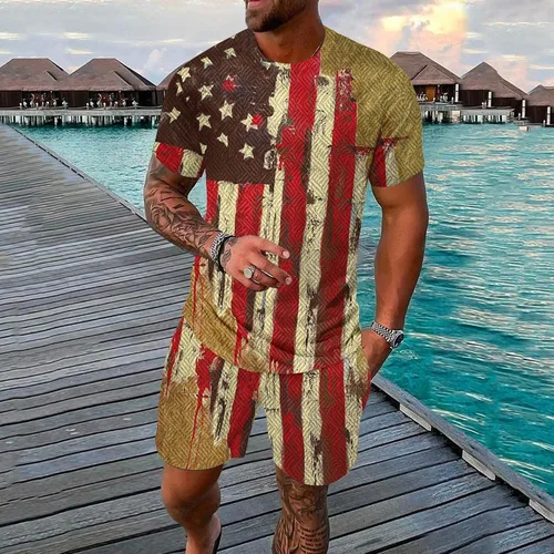 Vista 2 de Traje deportivo casual para hombre, diseño de bandera estadounidense, 2 piezas, conjunto de chándal para el 4 de julio, conjunto de camiseta