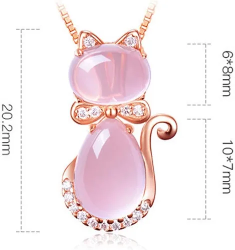 Vista 2 de BBSSC Collar con colgante de gato rosa, piedra de cuarzo y ópalo, lindo gatito adornado, cristales adornados, oro rosa, cadena chapada en plata