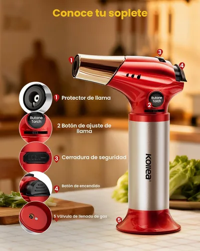 Vista 5 de Kollea - Soplete para Creme Brulee, soplete recargable de butano, soplete de cocina con bloqueo de seguridad y llama ajustable para hornear, Rojo
