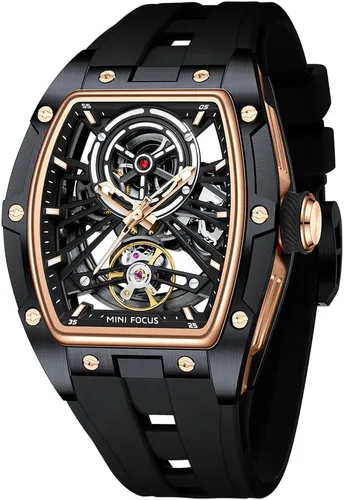 Vista 11 de AIMES Men's Tonneau Skeleton Automatic Mechanical Watch, Silicone Strap, 5ATM Water Resistance Silicone Strap Men's Wristwatch Ideal Gift for Men