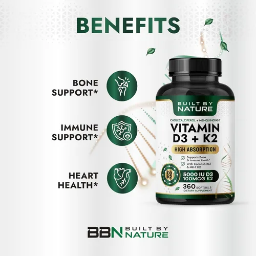 Vista 2 de Built by Nature Vitamina D3 K2, 5000 UI + 100 mcg MK-7, 360 cápsulas blandas extra fuerte, alta absorción, apoyo óseo, corazón e inmunológico