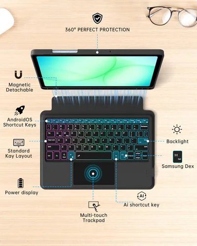 Vista 3 de Funda para teclado Samsung Galaxy Tab A9+ Plus/A11+ Plus de 11 pulgadas: modo DEX de un clic, teclado retroiluminado arcoíris con panel táctil