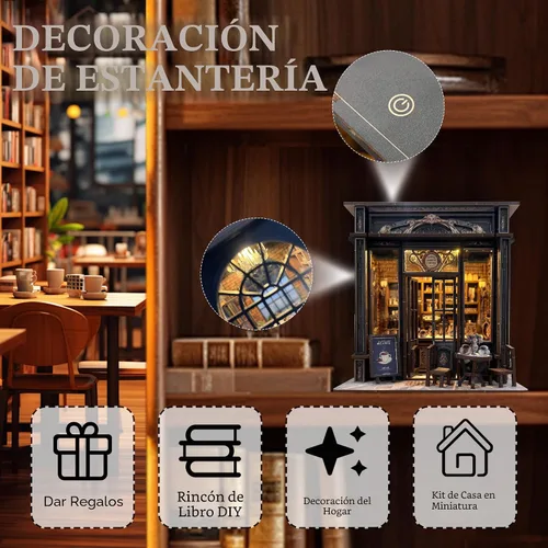 Vista 3 de Kit de rincón de libros para cafetería, kit de casa en miniatura con luz LED para adultos y adolescentes, rompecabezas de madera 3D, rincón