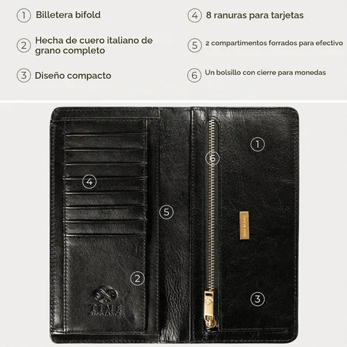 Vista 6 de Time Resistance Cartera Larga de Cuero - Cartera de Traje - Cartera de Cuero Bifold para Hombres - Cartera de Chequera - Cartera Alta para Tarjetas