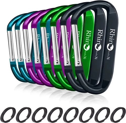 Vista 7 de Rhino Produxs 8PCS Lightweight Snap Carabiner Clips, D Ring Shape 8PCS Keyring Included, Outdoor & Camping, Hiking, Water Bottle Hook