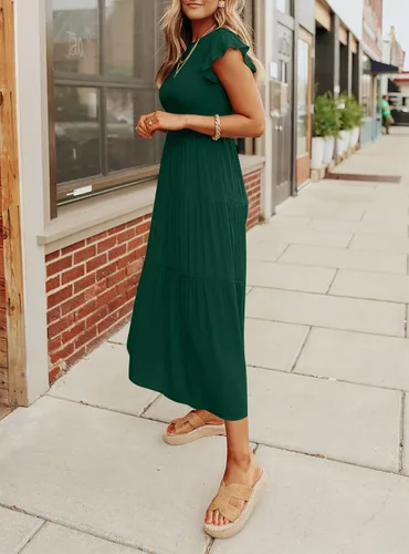 Vista 8 de MEROKEETY - Vestido midi fruncido de manga corta para mujer, vestido de verano casual, acampanado, con cintura elástica y escalonado