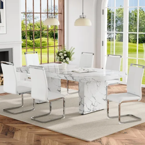 Vista 12 de Ebullient - Juego de mesa de comedor de mármol de 79 pulgadas para 6, mesa con patrón de mármol blanco de 3.5 pulgadas con base de MDF estable