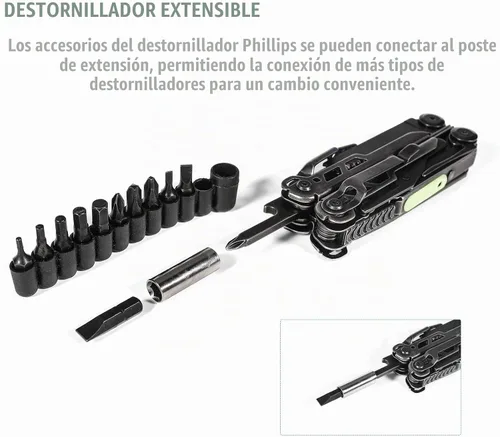 Vista 3 de Multiherramienta, alicates con resorte 25 en 1, multiherramienta, cada herramienta con bloqueo de seguridad, multiherramienta de acero inoxidable