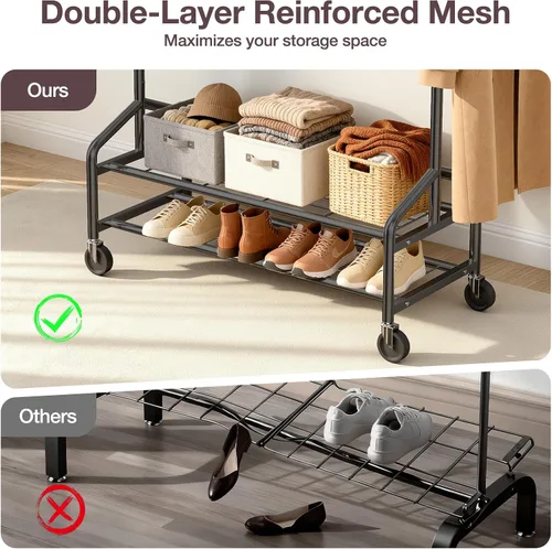 Vista 3 de Perchero de ropa resistente, 650 libras de carga para colgar ropa con 2 estantes resistentes, perchero de metal con ruedas para dormitorio