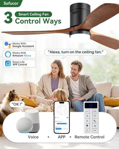 Vista 2 de Sofucor 52 Inch Smart Wood Low Profile Ceiling Fan with Light, Flush Mount