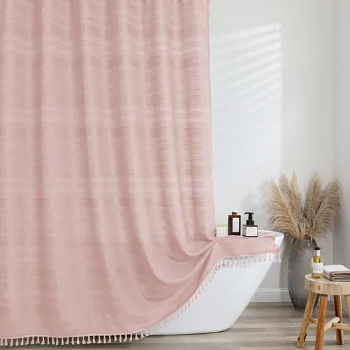 Vista 18 de OVZME Cortina de ducha bohemia negra, cortina de ducha estrecha de tela suave a rayas de lino texturizado con borla, moderna decoración de baño