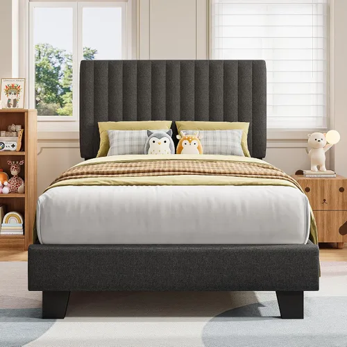 Vista 12 de iPormis Base de cama tamaño twin, cama de plataforma tapizada con cabecera de lino vertical, patas de cama anchas y soporte de listones de madera