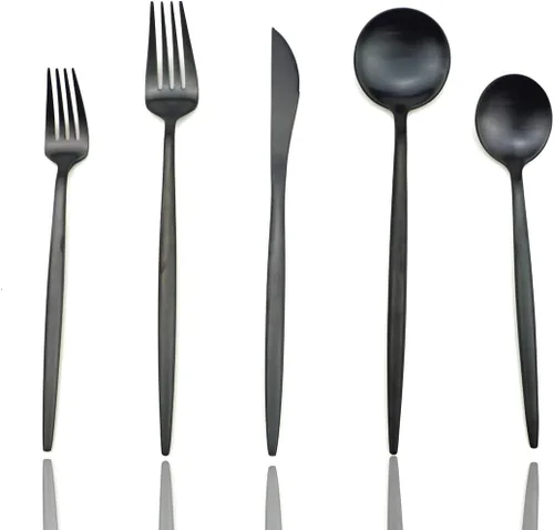 Vista 7 de JASHII Juego de 6 cucharas de acero inoxidable 304 negro mate con mango largo, juego de vajilla moderna para el hogar, cocina, regalo de fiesta