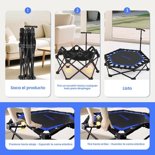 Vista 6 de HXD-ERGO - Minitrampolín plegable de 42 pulgadas, cama elástica con mango de espuma ajustable, trampolín de fitness para interiores, exteriores Azul