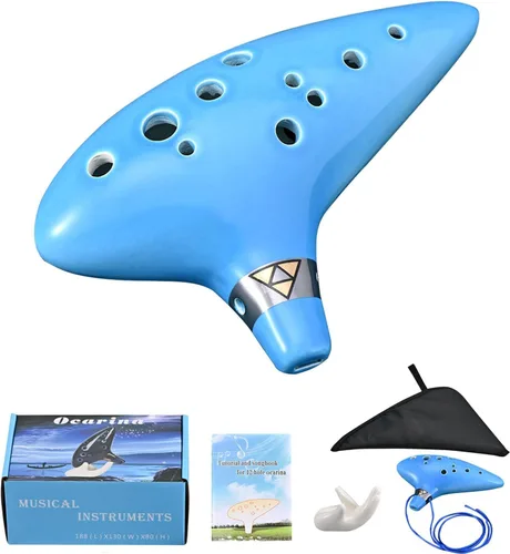 Vista 8 de Ocarina Piccolo de cerámica Alto C de 12 agujeros, regalo de instrumento musical para adultos principiantes con soporte de exhibición, libro