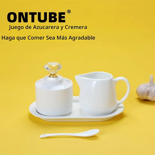 Vista 6 de ONTUBE Ceramic Sugar and Creamer with tray and Crystal Lid Set of 4 (Gold)
