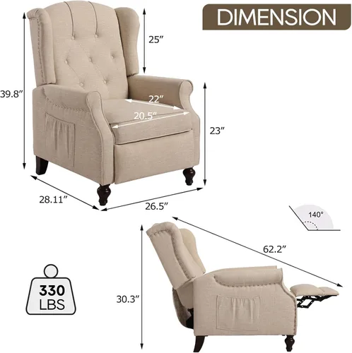 Vista 2 de Silla reclinable PALLOME con respaldo alto, asiento con masaje y calor, tapizado de tela, con respaldo acolchado, silla reclinable para sala de Beige