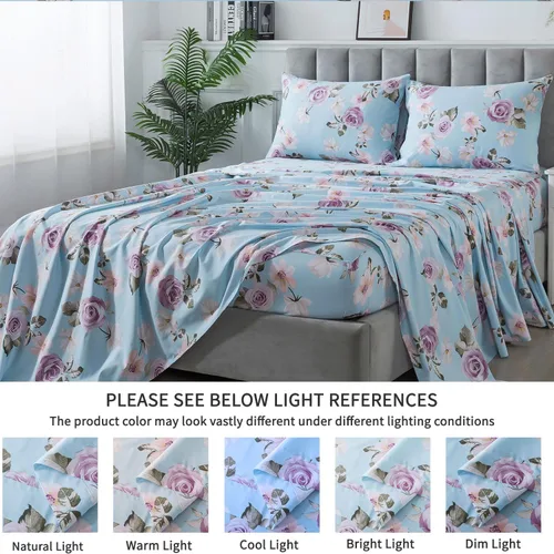 Vista 5 de FADFAY Juego de sábanas tamaño King, sábanas de algodón percal rosa floral con bolsillo profundo, ropa de cama vintage lujosa azul con estampado