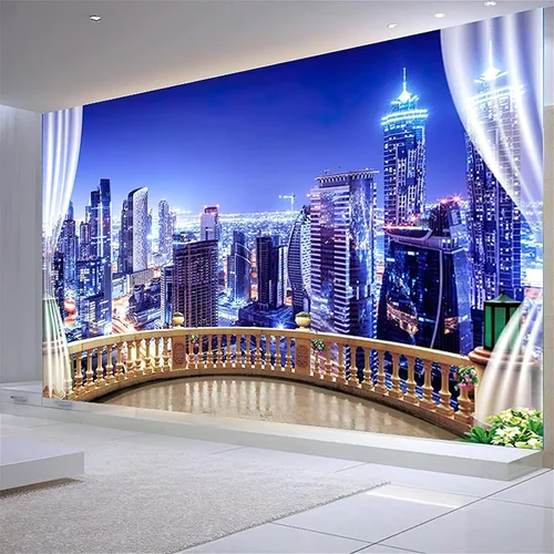 Vista 3 de Hermoso papel tapiz 3D con vista nocturna de la ciudad, vista nocturna fuera de la ventana, papel tapiz fotográfico para sala de estar, dormitorio