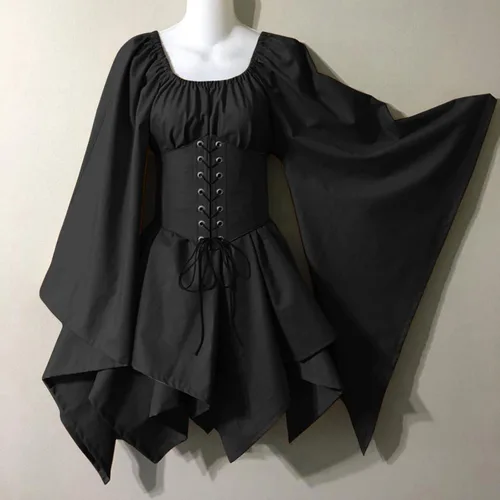 Vista 2 de Elogoog Vestido victoriano, disfraz renacentista para mujer, sexy, vestido de fiesta de cosplay, manga de murciélago, vestido gótico con corsé