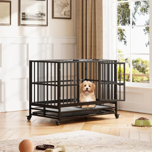Vista 8 de Jaula para perros resistente, jaula para perros de interior de 37 pulgadas con doble puerta, ruedas con bloqueo de 360° y bandeja extraíble, fácil