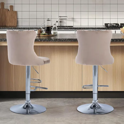 Vista 57 de SoarFlash Juego de 2 taburetes de bar tapizados de terciopelo moderno con patas de madera, botones acolchados, cabeza de clavo cromada, asiento