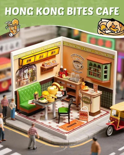 Vista 2 de Rolife Super Creator Series, kit de casa de muñecas DIY Mini Hong Kong Bites Café, construye escenario para figuras de acción coleccionables