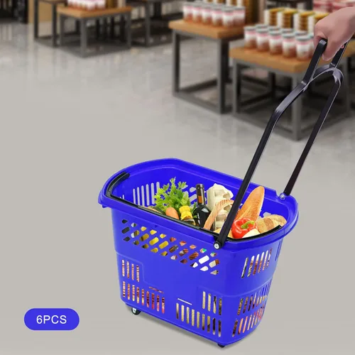Vista 3 de Carrito de compras de 6 piezas, moderno carrito de compras de 35 l/9.2 galones con ruedas y asa, cesta de compras de PP independiente carrito de Azul