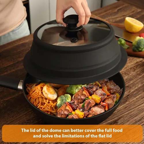 Vista 8 de Tapa plegable para salpicaduras de microondas con cubierta de vidrio templado ventilado, tapa wok apta para microondas, olla de vapor y olla redonda