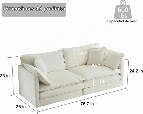 Vista 2 de KIVENJAJA Sofá biplaza de chenilla, sofá grande de 2 plazas con nube, moderno y cómodo asiento profundo con 4 almohadas para sala de estar Beige