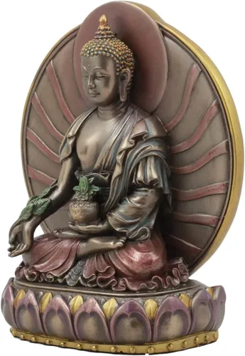 Vista 4 de Ebros Gift Budismo Bhaisajyaguru Medicina Buda meditando en Padma Lotus Trono Estatua de 6 pulgadas de alto Escultura Bodhisattva Rey de Lapislázuli