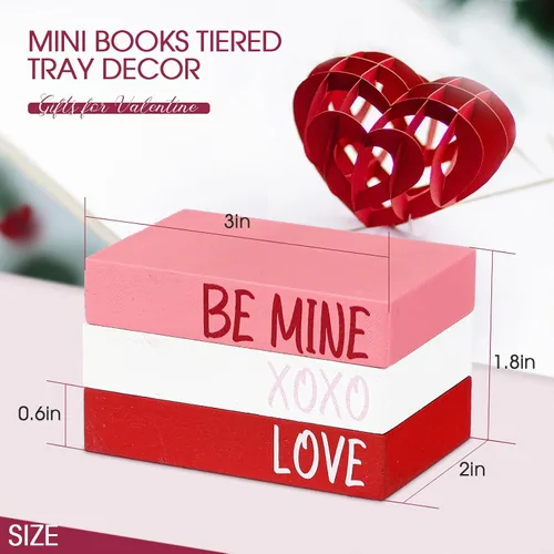 Vista 2 de Blulu Mini libros de madera decorativos para el día de San Valentín, 3 piezas de madera falsa, decoración de entrada, libros apilados de madera