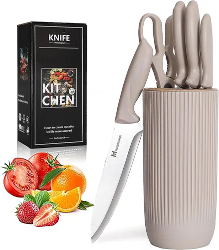 Vista 8 de Juego de 6 cuchillos de cocina negros con bloque, acero inoxidable antiadherente, cuchillos antioxidantes para cocinar, rebanar y hornear, perfecto