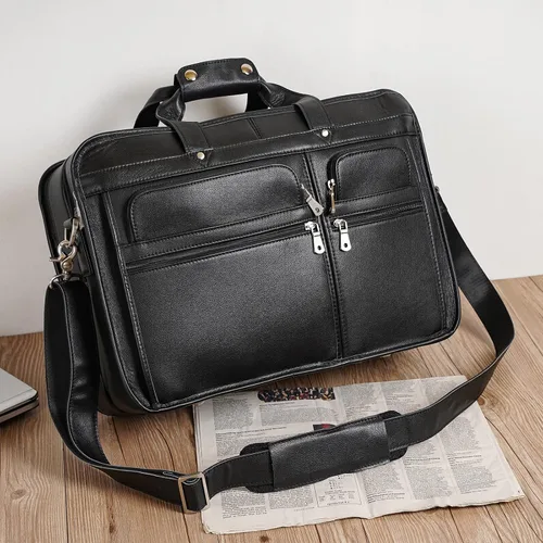 Vista 2 de Maletín de cuero de grano completo para hombre grande de 17 pulgadas de viaje de negocios bolsa de mensajero portátil con cremalleras de metal YKK
