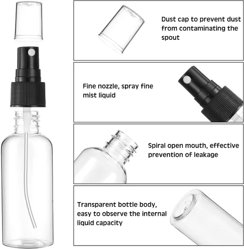 Vista 3 de Roshtia Mini botellas de plástico de 2 onzas con tapa, botellas de spray de niebla fina vacías transparentes, contenedor de líquido recargable