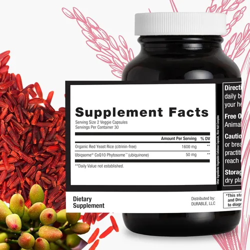 Vista 5 de Durable Arroz de levadura roja, mejorado con CoQ10, manejo del colesterol extra fuerte, salud cardíaca, flujo sanguíneo saludable, 1600 mg de arroz