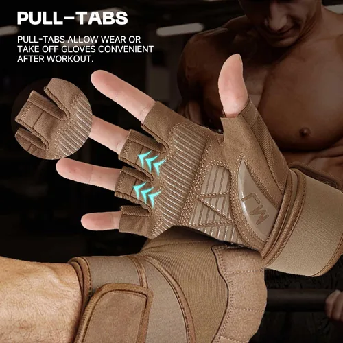 Vista 3 de Guantes de entrenamiento para hombre para levantamiento de pesas - Guantes de ejercicio para hombres y mujeres con soporte para muñequera, Marrón